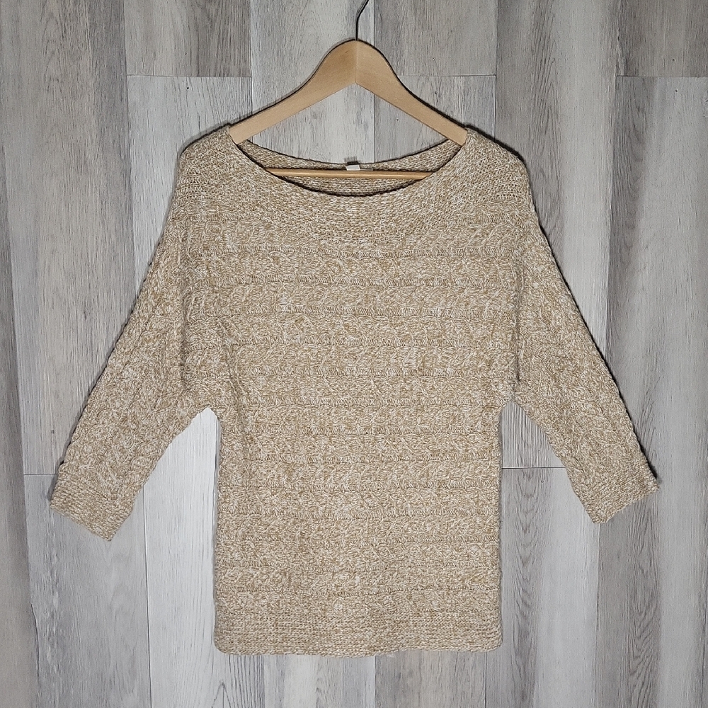 New York & Company Womens XS Cable Knit Sweater 3/4 Dolman Sleeve Boat Neck